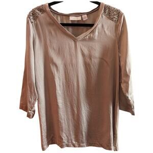 Womens Chico's Silk Blend Blouse Size Large Taupe Tan V-Neck Embellished